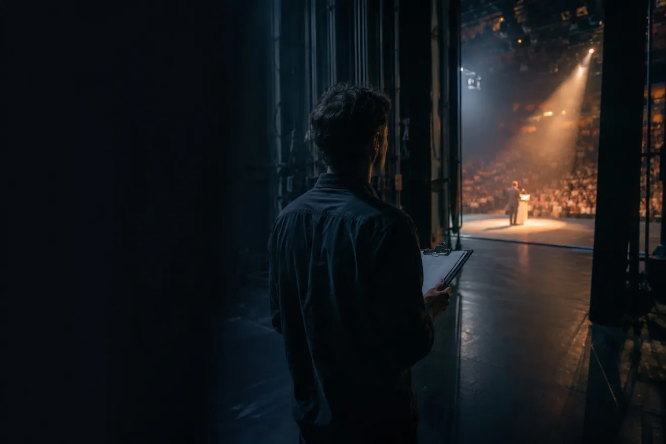 Da coxia escura, um homem de costas observa o palco iluminado onde o expert fala pra plateia